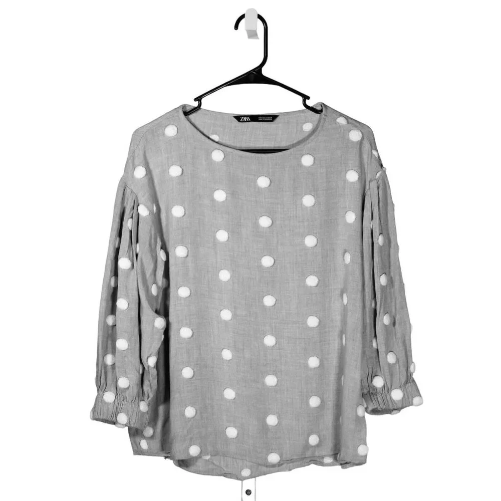 Zara Women's Blouse Gray White Polka Dot Pom Pom Puff Sleeve Coquette Top Small